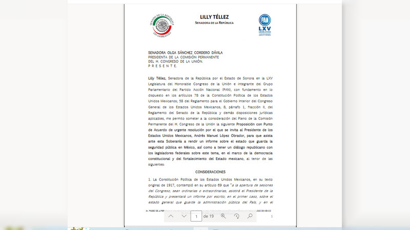 Senadora Lilly Téllez invita a AMLO al para “rendir cuentas” por violencia en el país