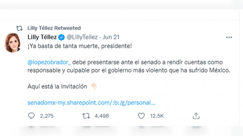 Senadora Lilly Téllez invita a AMLO al para “rendir cuentas” por violencia en el país