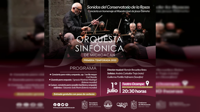 La Orquesta Sinfónica de Michoacán rendirá homenaje al Mtro. José de Jesús Carreño con un concierto en el Teatro Ocampo