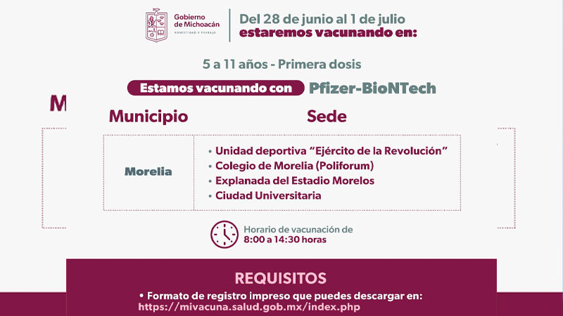 Atentos, arranca en Michoacán vacunación contra Covid para niños de 5 a 11 años