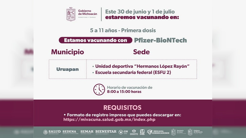 Continua en Michoacán vacunación anti Covid-19 a niños de 5 a 11 años