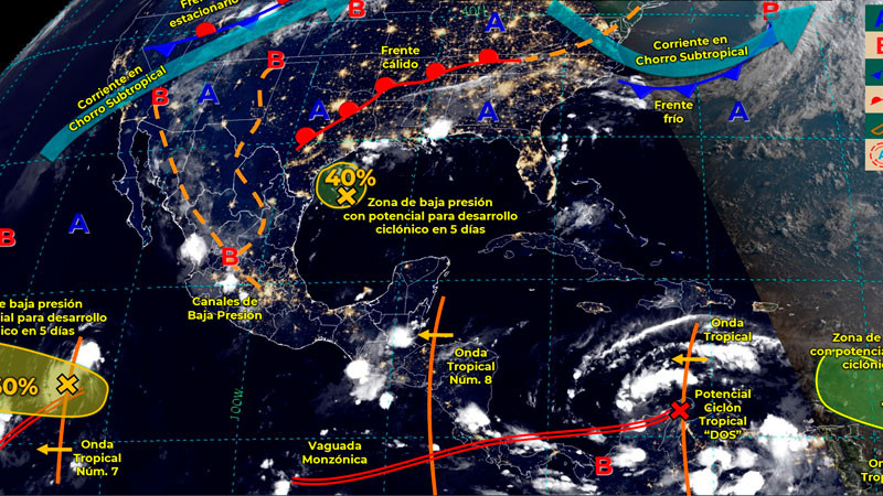 Onda tropical Núm. 8 ocasionará lluvias puntuales fuertes en el sureste de México 
