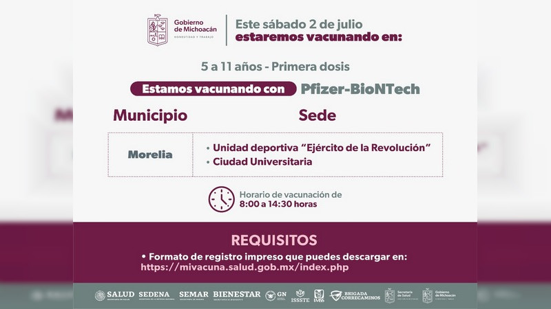 Amplían fechas de vacunación anti Covid-19 a niños de 5 a 11 años en Uruapan y Morelia