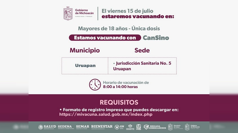 SSM aplicará dosis anti COVID-19 a rezagados mayores de 18 años en Región Uruapan