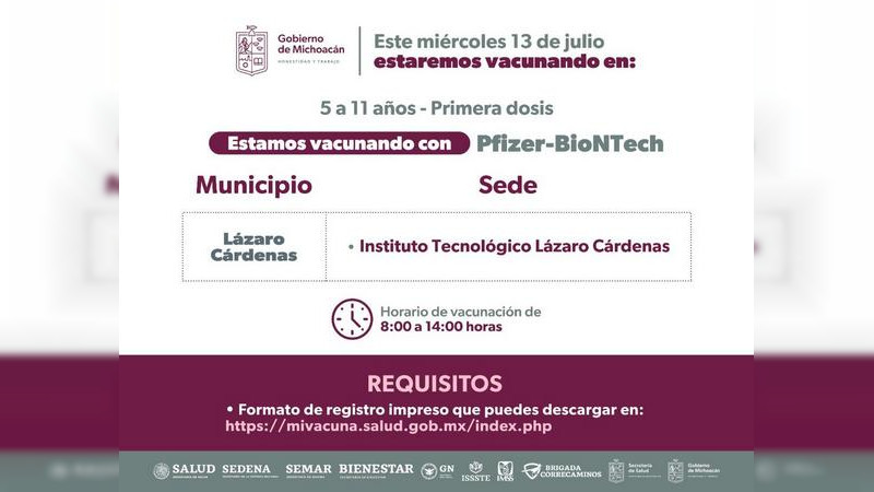Este 13 de julio inmunizarán contra Covid-19 a niños de 5 a 11 años en tres municipios