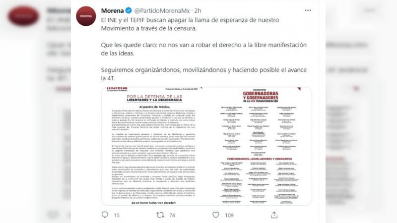 Se pronuncian funcionarios de Morena, ante medias cautelares del INE  