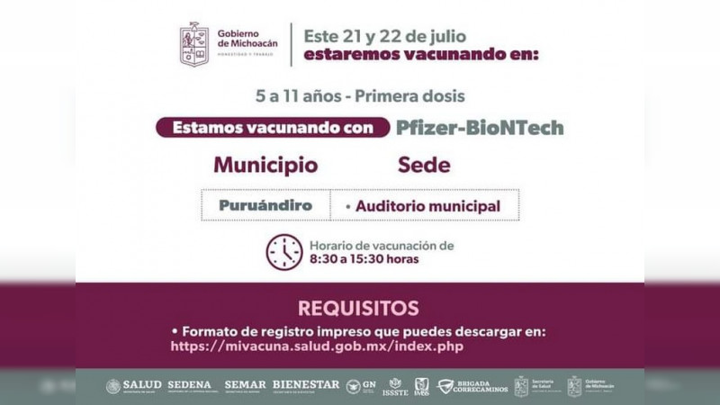 Continúa vacunación anti Covid-19 a niños de 5 a 11 años en el interior de Michoacán