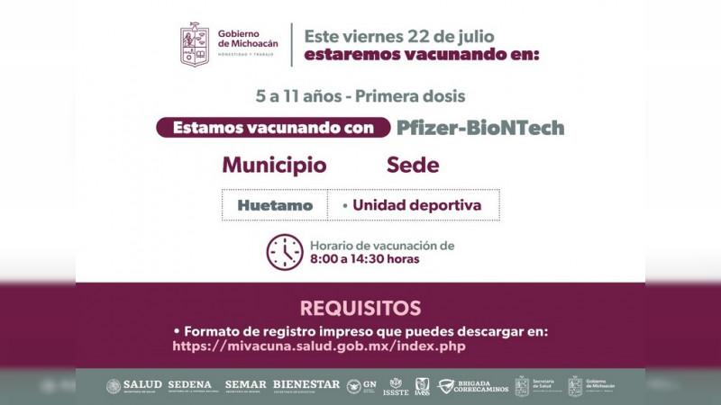 Continúa vacunación anti Covid-19 a niños de 5 a 11 años en el interior de Michoacán