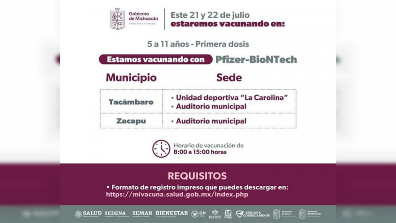 Continúa vacunación anti Covid-19 a niños de 5 a 11 años en el interior de Michoacán