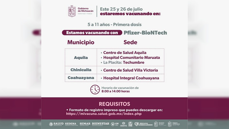 Inmunizarán contra Covid-19 a niños de 5 a 11 años en cuatro municipios de Michoacán  