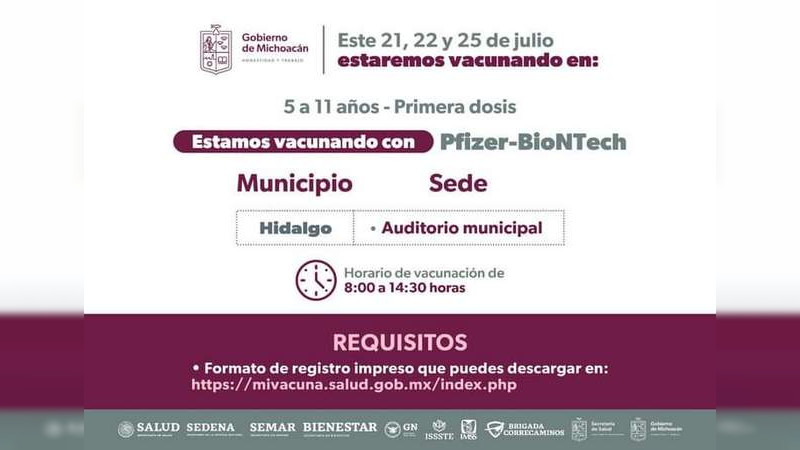 Inmunizarán contra Covid-19 a niños de 5 a 11 años en cuatro municipios de Michoacán  