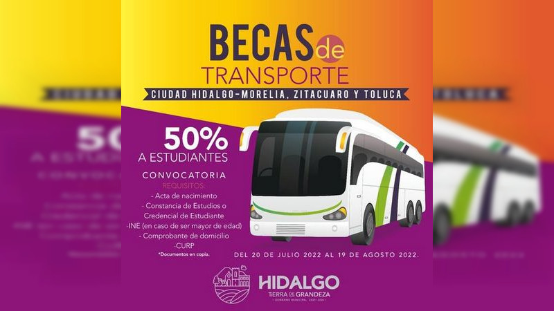 Lanzan convocatoria de becas de transporte para jóvenes estudiantes de Ciudad Hidalgo, Michoacán 