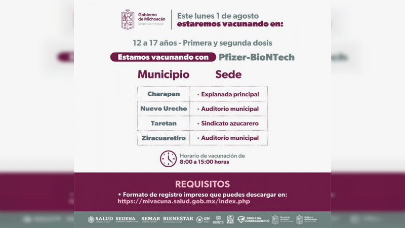 Llegan a Michoacán 336 mil vacunas para adolescentes de 12 a 17 años