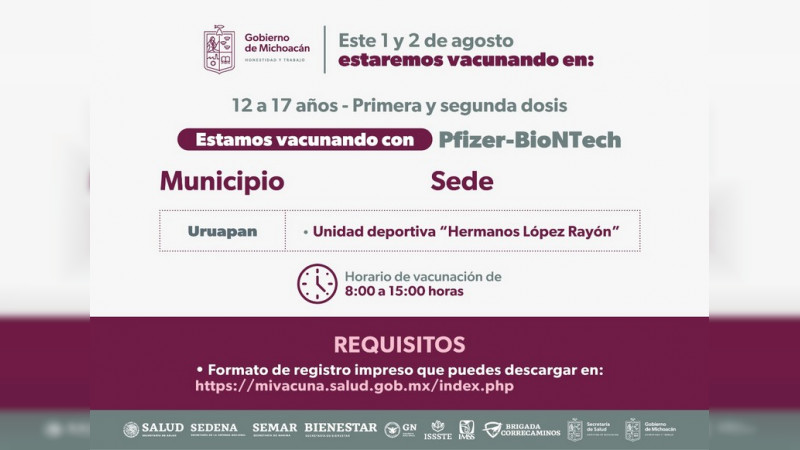 Llegan a Michoacán 336 mil vacunas para adolescentes de 12 a 17 años