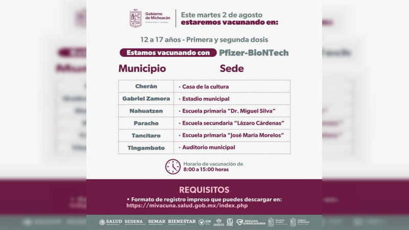 Llegan a Michoacán 336 mil vacunas para adolescentes de 12 a 17 años
