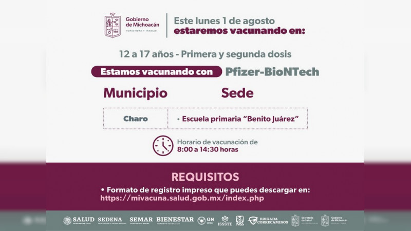 Llegan a Michoacán 336 mil vacunas para adolescentes de 12 a 17 años