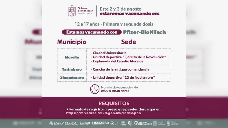 Llegan a Michoacán 336 mil vacunas para adolescentes de 12 a 17 años