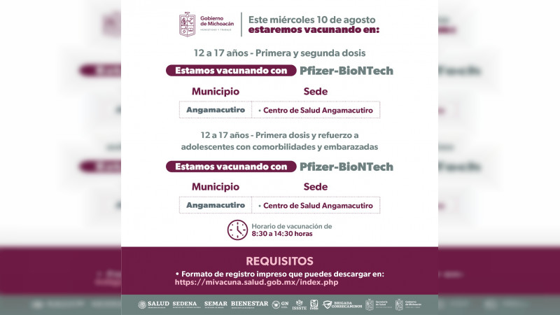 Vacunación contra Covid-19 continúa en Michoacán