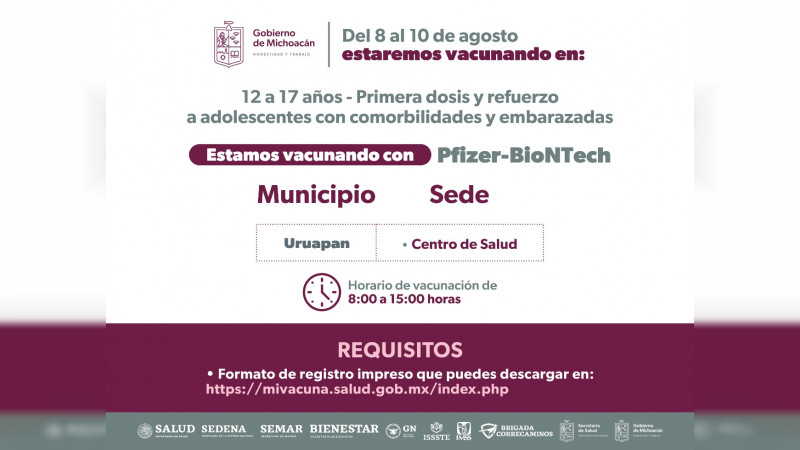 Vacunación contra Covid-19 continúa en Michoacán