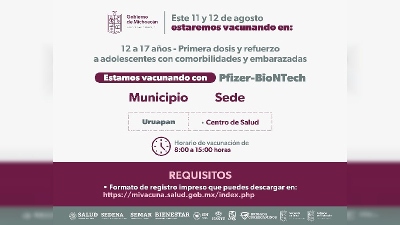 Viernes continúa vacunación contra Covid-19 en Uruapan 