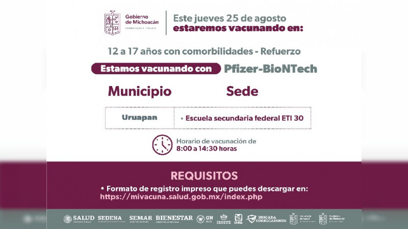 Vacunación contra Covid-19 a embarazadas y adolescentes de 12 a 17 años, en 13 municipios
