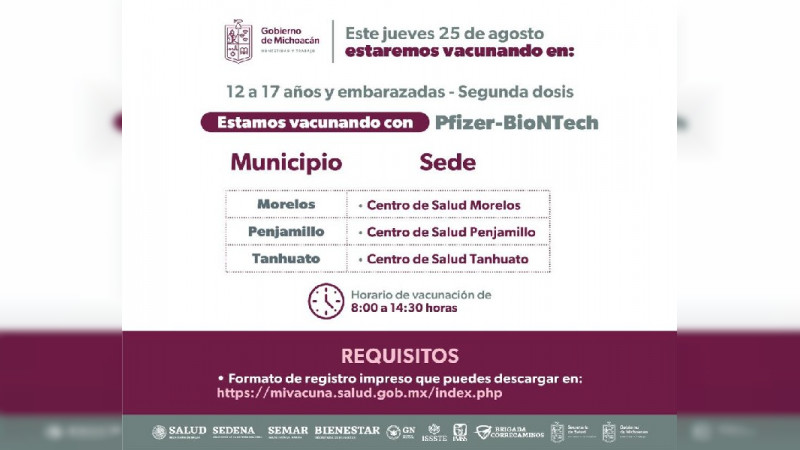 Vacunación contra Covid-19 a embarazadas y adolescentes de 12 a 17 años, en 13 municipios