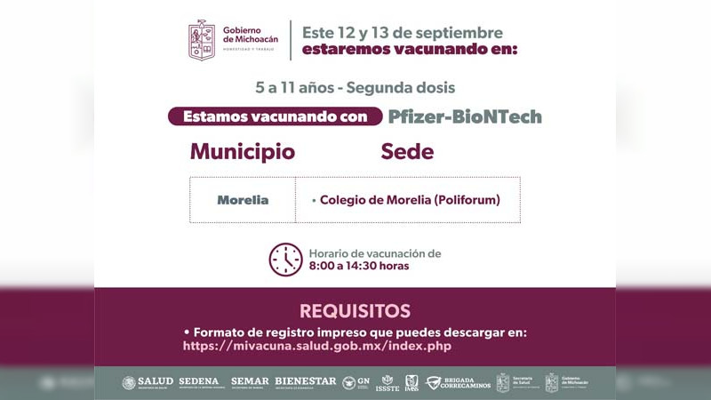 Inicia Morelia y Uruapan aplicación de segunda dosis anti COVID-19 a menores de 5 a 11 años
