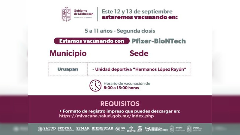 Inicia Morelia y Uruapan aplicación de segunda dosis anti COVID-19 a menores de 5 a 11 años