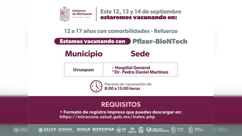 Inicia Morelia y Uruapan aplicación de segunda dosis anti COVID-19 a menores de 5 a 11 años