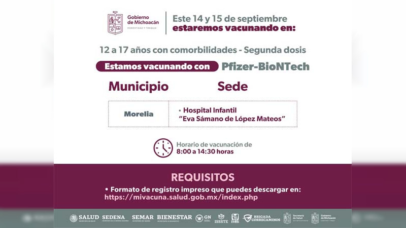 Inicia Morelia y Uruapan aplicación de segunda dosis anti COVID-19 a menores de 5 a 11 años