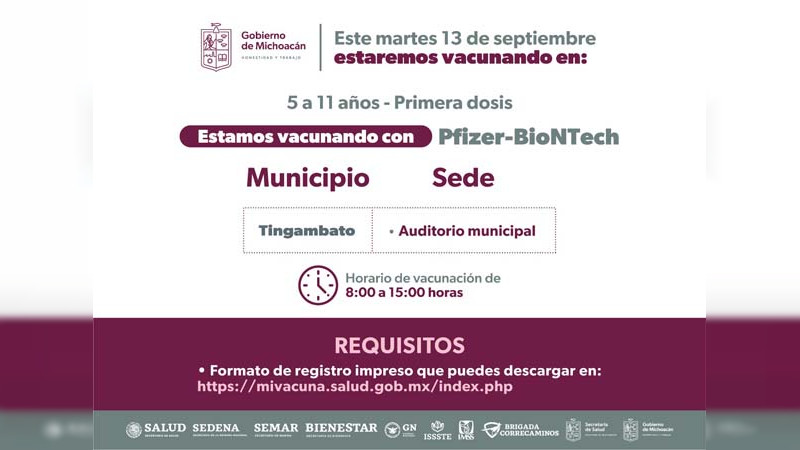 Inicia Morelia y Uruapan aplicación de segunda dosis anti COVID-19 a menores de 5 a 11 años