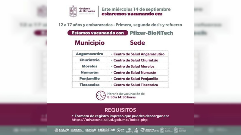 Continúa en Michoacán campaña de vacunación para menores de 12 a 17 años
