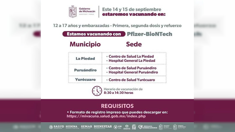 Continúa en Michoacán campaña de vacunación para menores de 12 a 17 años