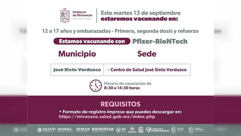 Continúa en Michoacán campaña de vacunación para menores de 12 a 17 años