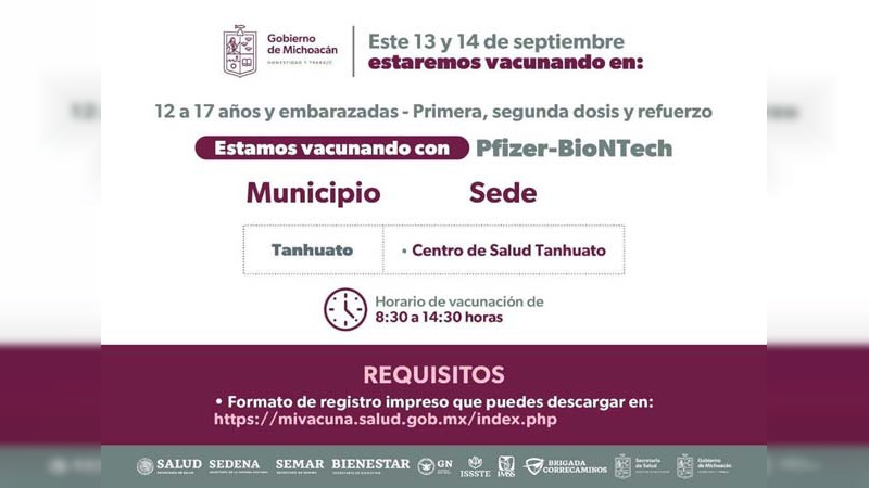 Continúa en Michoacán campaña de vacunación para menores de 12 a 17 años