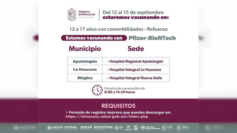 Continúa en Michoacán campaña de vacunación para menores de 12 a 17 años