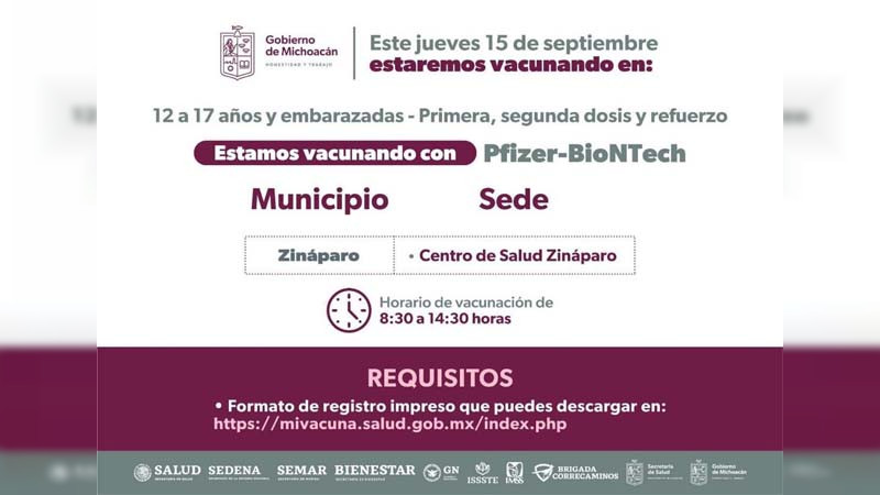 Continúa en Michoacán campaña de vacunación para menores de 12 a 17 años