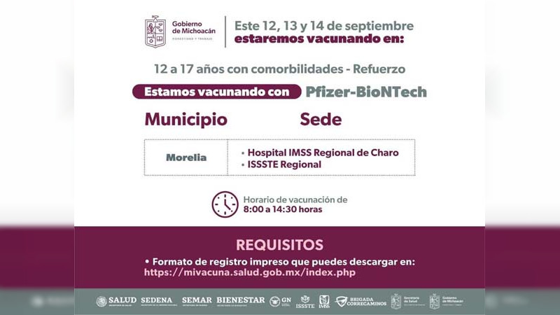 Continúa en Michoacán campaña de vacunación para menores de 12 a 17 años