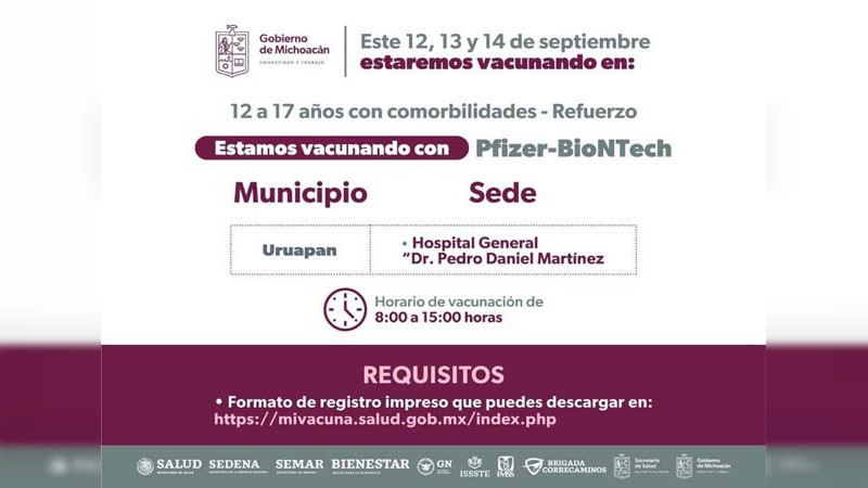 Continúa en Michoacán campaña de vacunación para menores de 12 a 17 años