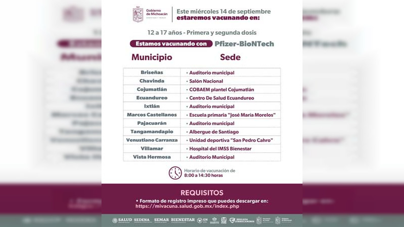 Continúa en Michoacán campaña de vacunación para menores de 12 a 17 años