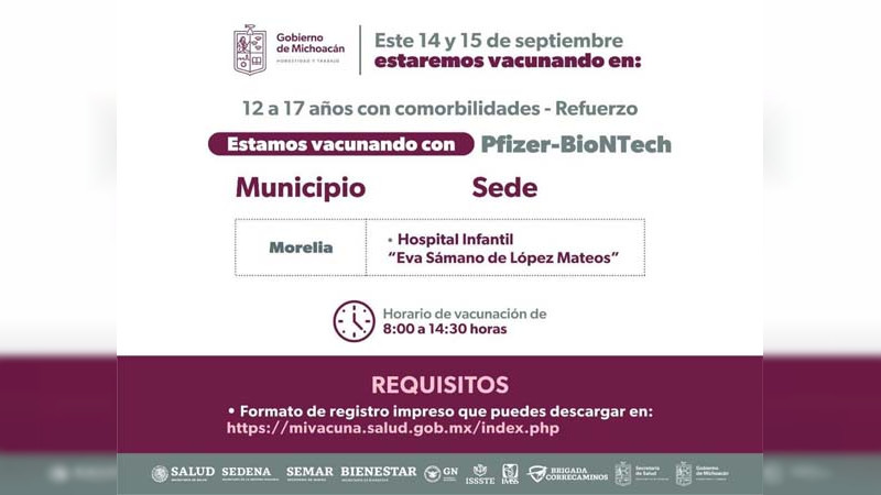 Continúa en Michoacán campaña de vacunación para menores de 12 a 17 años