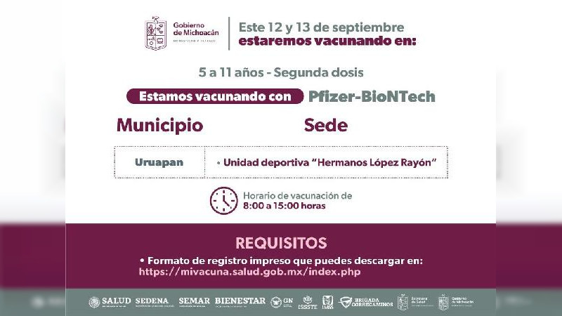 Garantizada, vacunación anti Covid-19 a niños de 5 a 11 años en Michoacán