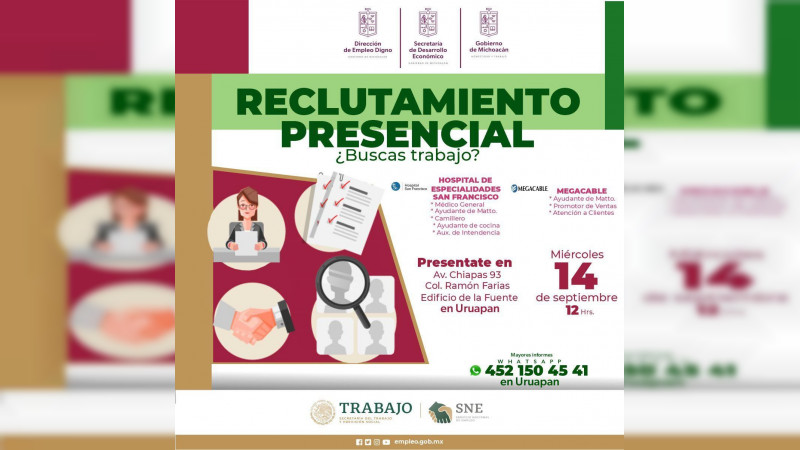 Este miércoles 14 habrá reclutamientos y taller para buscadores de empleo en Pátzcuaro, Uruapan y Morelia