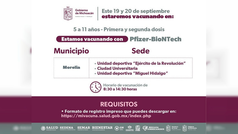 Lunes y martes se vacunará en Morelia primeras y segundas dosis a niños de 5 a 11 