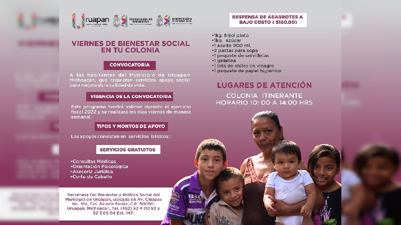 Programa "Viernes de Bienestar Social en tu Colonia" iniciará en la colonia 12 de diciembre en Uruapan  