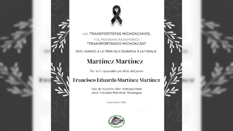 Confirma organización transportista la muerte de hijo Martinez Pasalagua 