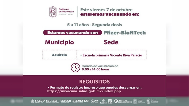 Del 3 al 7 de octubre se inmunizará a menores de 5 a 11 años de 40 municipios