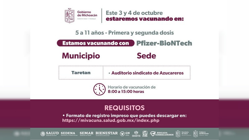 Del 3 al 7 de octubre se inmunizará a menores de 5 a 11 años de 40 municipios