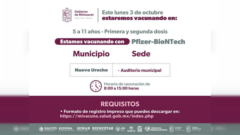 Del 3 al 7 de octubre se inmunizará a menores de 5 a 11 años de 40 municipios