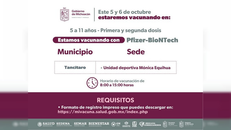 Del 3 al 7 de octubre se inmunizará a menores de 5 a 11 años de 40 municipios
